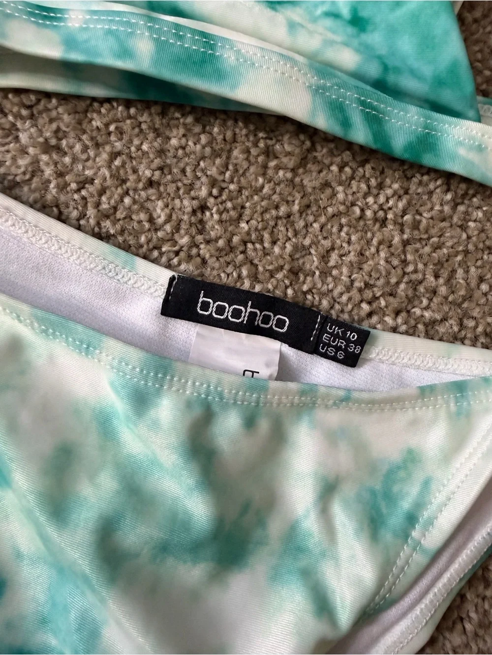 Boohoo Teal and White Tie-Dye Triangle Bikini Set